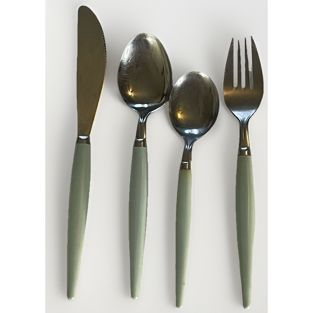 Vintage‎ Castle Stainless Flatware Green Bakelite Plastic Handles MCM Lot 4